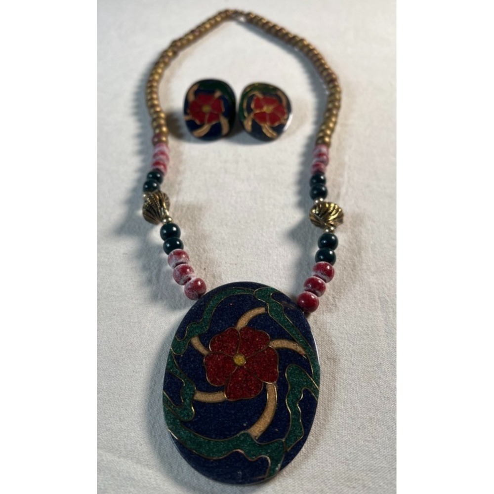 VTG Lee Sands Mosaic Art Nouveau Floral  Inlaid Beaded Necklace and Earrings Set